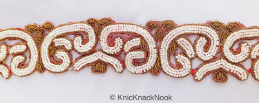 Wholesale Gold Hand Embroidered Cutwork Lace Trim Beaded with Ivory Seed Beads, Wedding Trim, Indian Trim